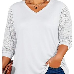 ZARA Womens Plus Size White   V-Neck Blouse with Lace Sleeves